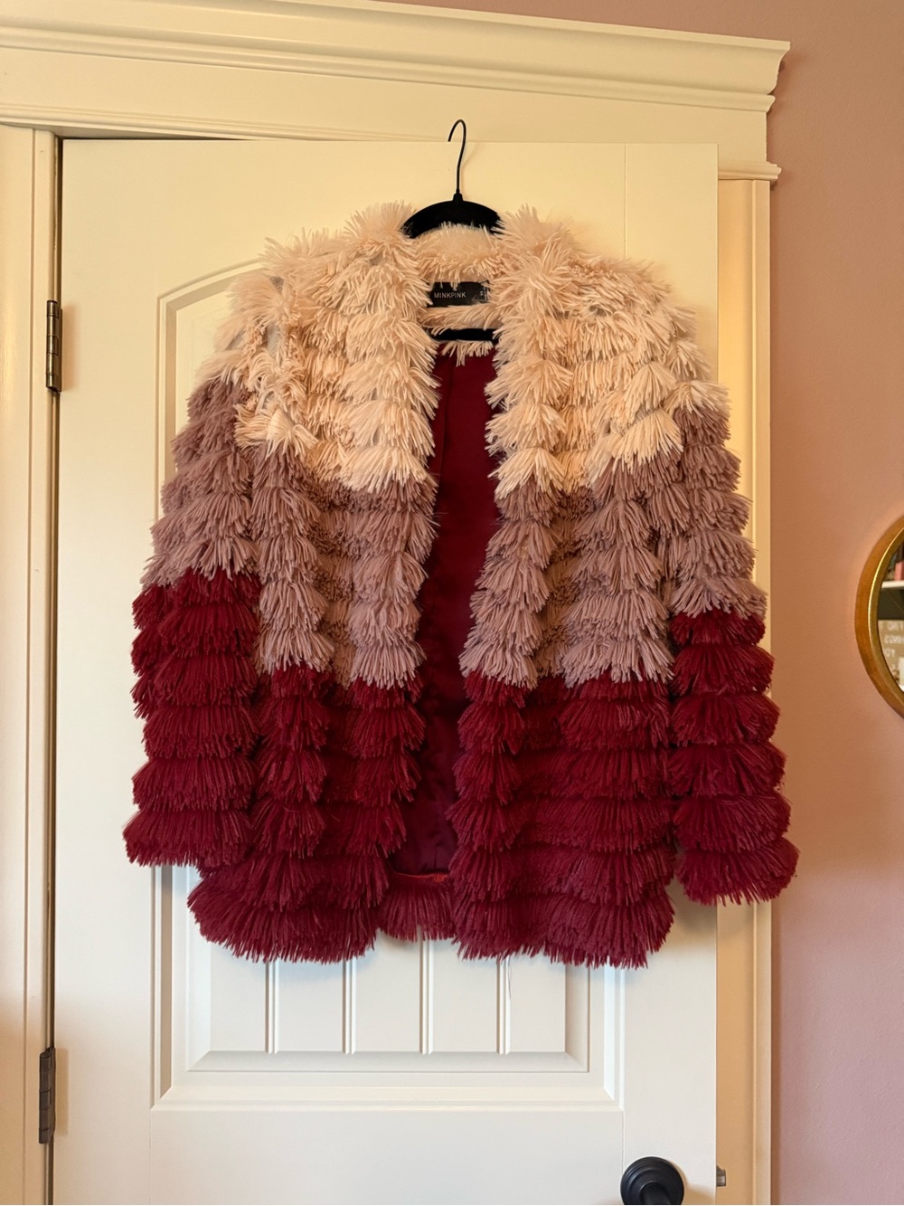 MINKPINK Ombre Fringe Faux-Fur Jacket in Cream, Mauve & Burgundy